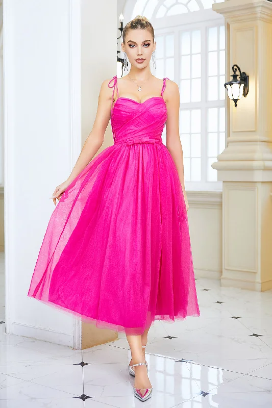 "Off - shoulder dresses for women to show off collarbones"Fuchsia A Line Spaghetti Straps Prom Dress with Bow