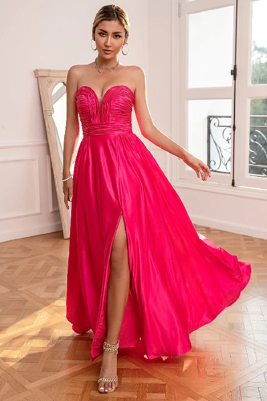 "Pleated dresses for women with a graceful movement"Fuchsia Strapless Prom Dress with Slit "Pleated dresses for women with a graceful movement"Fuchsia Strapless Prom Dress with Slit