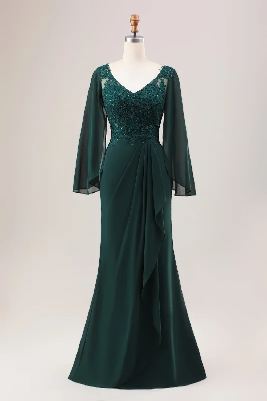 "T - shirt dresses for women for ultimate comfort"Glitter Dark Green Mermaid Chiffon Long Sleeves Mother of Bride Dress "T - shirt dresses for women for ultimate comfort"Glitter Dark Green Mermaid Chiffon Long Sleeves Mother of Bride Dress
