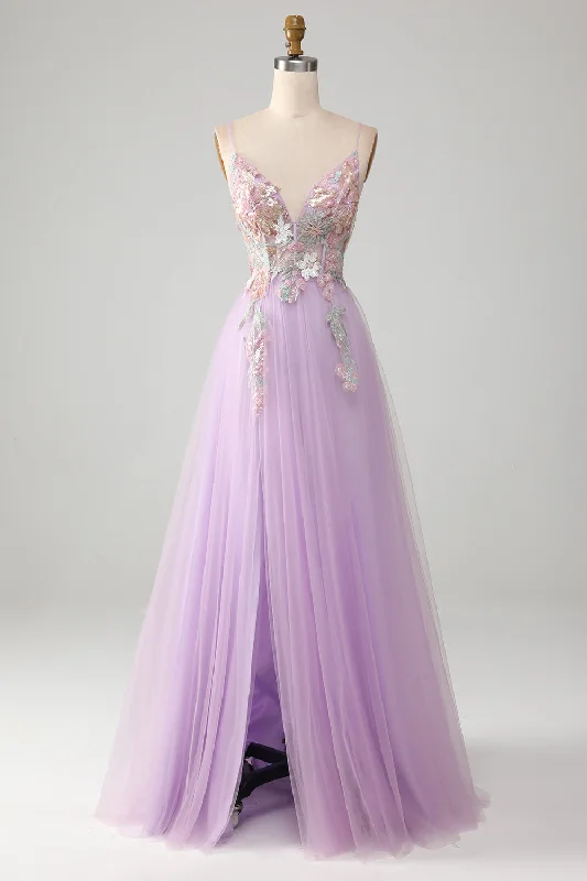 "Sequined dresses for women to shine at parties"Glitter A-Line Spaghetti Straps Lilac Long Prom Dress with Flowers "Sequined dresses for women to shine at parties"Glitter A-Line Spaghetti Straps Lilac Long Prom Dress with Flowers