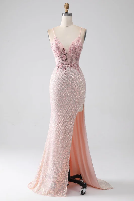 "Mother of the bride dresses for women in elegant styles"Glitter Pink Beaded Mermaid Prom Dress with Slit "Mother of the bride dresses for women in elegant styles"Glitter Pink Beaded Mermaid Prom Dress with Slit