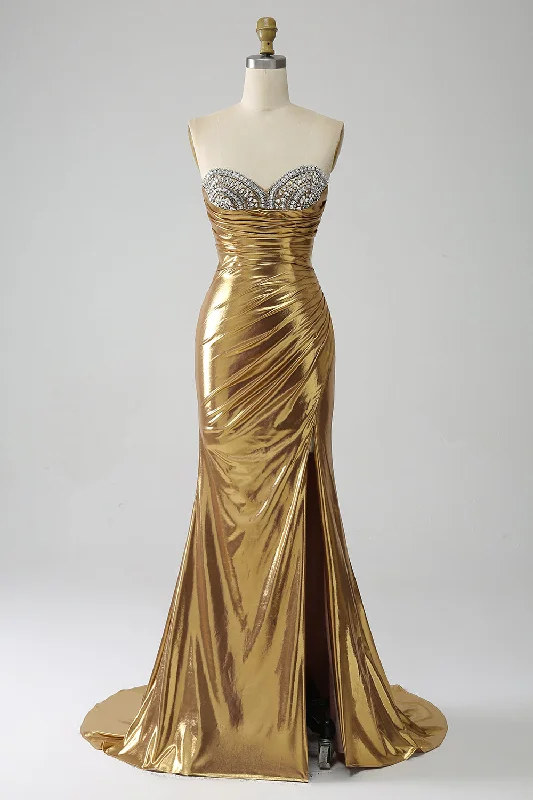 "Hurry! Limited Stock - Get Your Dream Dress with a Special Discount"Golden Mermaid Strapless Long Metallic Prom Dress with Slit