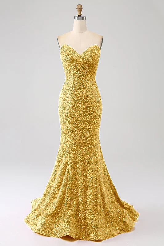 "Short dresses for women for a night out clubbing"Golden Mermaid Sweetheart Sweep Train Prom Dress With Sequins "Short dresses for women for a night out clubbing"Golden Mermaid Sweetheart Sweep Train Prom Dress With Sequins