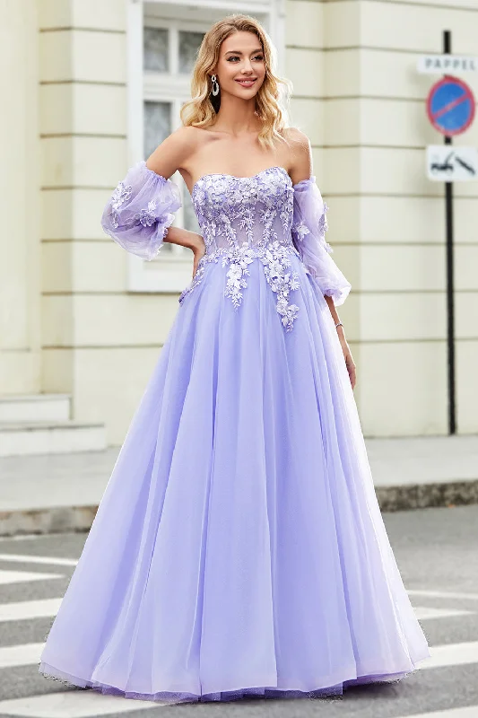 "Designer - inspired women's evening dresses"Gorgeous A Line Off the Shoulder Lavender Corset Prom Dress with Appliques "Designer - inspired women's evening dresses"Gorgeous A Line Off the Shoulder Lavender Corset Prom Dress with Appliques