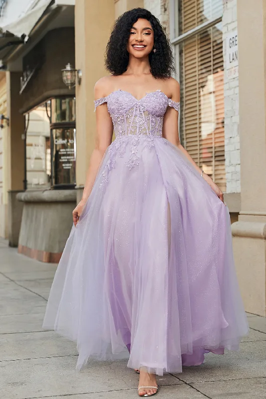 "Elegant wedding guest dresses for women under $100"Gorgeous A Line Off the Shoulder Purple Corset Prom Dress with Appliques "Elegant wedding guest dresses for women under $100"Gorgeous A Line Off the Shoulder Purple Corset Prom Dress with Appliques