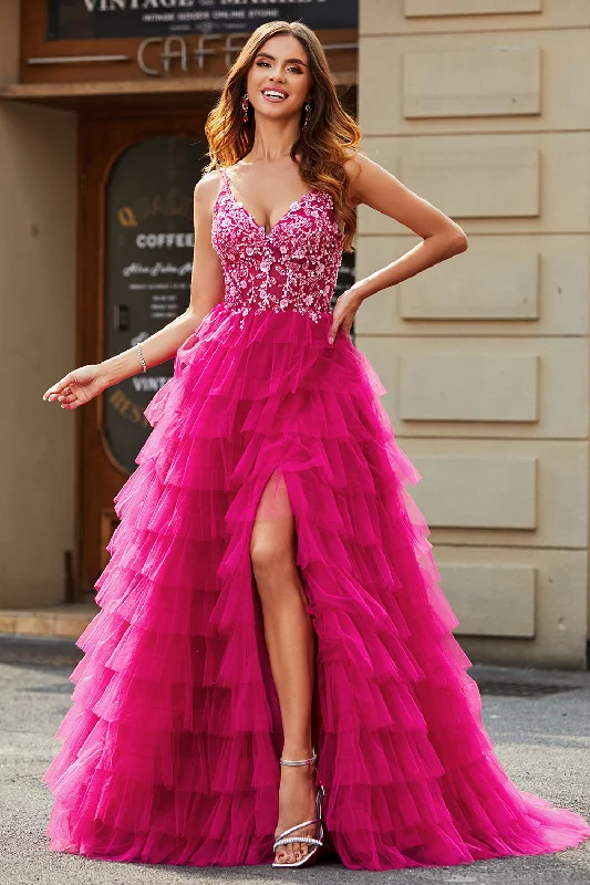 "Chiffon dresses for women with a flowy and light feel"Gorgeous A Line Spaghetti Straps Fuchsia Long Prom Dress with Appliques Ruffles "Chiffon dresses for women with a flowy and light feel"Gorgeous A Line Spaghetti Straps Fuchsia Long Prom Dress with Appliques Ruffles