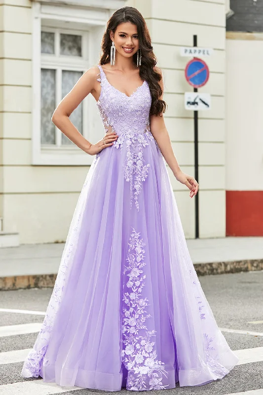 "Petite women's dresses with flattering fits"Gorgeous A Line Spaghetti Straps Lilac Tulle Long Prom Dress with Appliques "Petite women's dresses with flattering fits"Gorgeous A Line Spaghetti Straps Lilac Tulle Long Prom Dress with Appliques