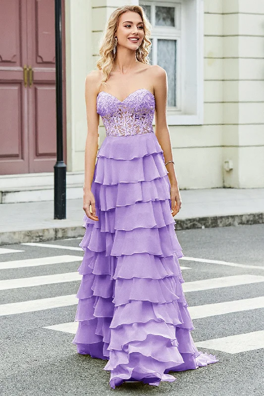 "Simple wedding dresses for women who prefer understated elegance"Gorgeous A Line Sweetheart Corset Lilac Prom Dress with Appliques Ruffles "Simple wedding dresses for women who prefer understated elegance"Gorgeous A Line Sweetheart Corset Lilac Prom Dress with Appliques Ruffles