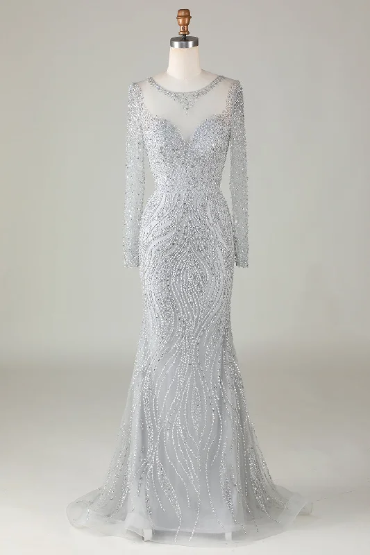 "Midi dresses for women with unique patterns"Gorgeous Sparkly Grey Beaded Mermaid Long Prom Dress "Midi dresses for women with unique patterns"Gorgeous Sparkly Grey Beaded Mermaid Long Prom Dress