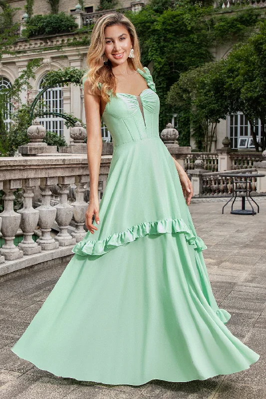 "Ruffled dresses for women for added femininity"Green A Line Off The Shoulder Corset Maxi Bridesmaid Dress With Ruffles "Ruffled dresses for women for added femininity"Green A Line Off The Shoulder Corset Maxi Bridesmaid Dress With Ruffles