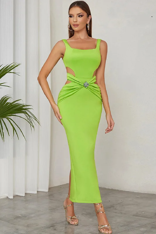 "Elegant wedding guest dresses for women under $100"Green A Line Square Neck Hollow Out Pleated Long Formal Party Dress "Elegant wedding guest dresses for women under $100"Green A Line Square Neck Hollow Out Pleated Long Formal Party Dress