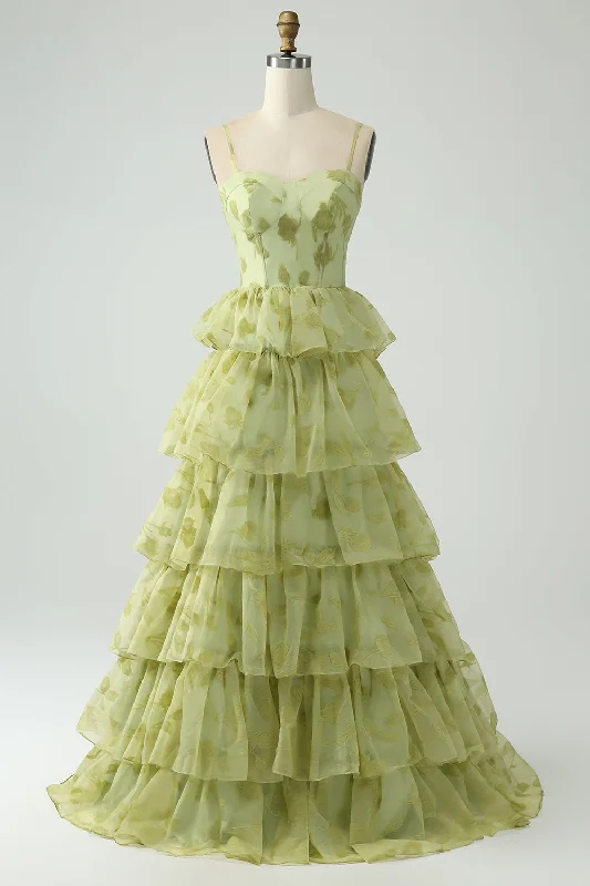 "Bohemian - style women's dresses for music festivals"Green Flower A Line Spaghetti Straps Long Prom Dress With Ruffles "Bohemian - style women's dresses for music festivals"Green Flower A Line Spaghetti Straps Long Prom Dress With Ruffles
