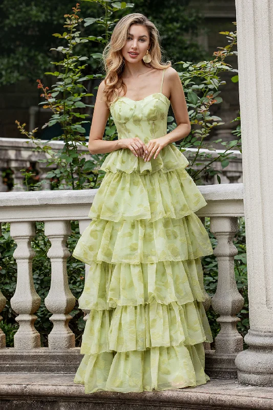 "Sequined dresses for women to shine at parties"Green Flower A Line Spaghetti Straps Tiered Long Prom Dress With Ruffles "Sequined dresses for women to shine at parties"Green Flower A Line Spaghetti Straps Tiered Long Prom Dress With Ruffles