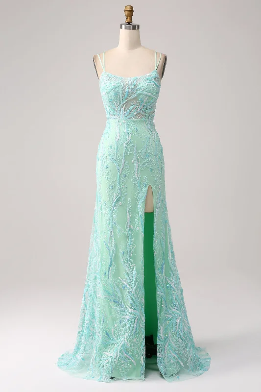 "Animal print dresses for women who love bold styles"Green Mermaid Spaghetti Straps Sequins Long Prom Dress with Slit "Animal print dresses for women who love bold styles"Green Mermaid Spaghetti Straps Sequins Long Prom Dress with Slit