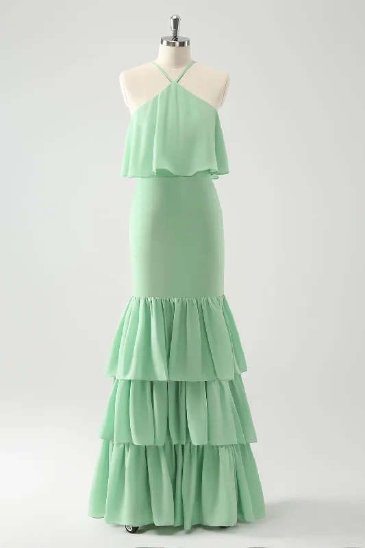 "Sustainable and eco - friendly women's dresses"Green Tiered Chiffon Mermaid Halter Tiered Wedding Guest Dress "Sustainable and eco - friendly women's dresses"Green Tiered Chiffon Mermaid Halter Tiered Wedding Guest Dress