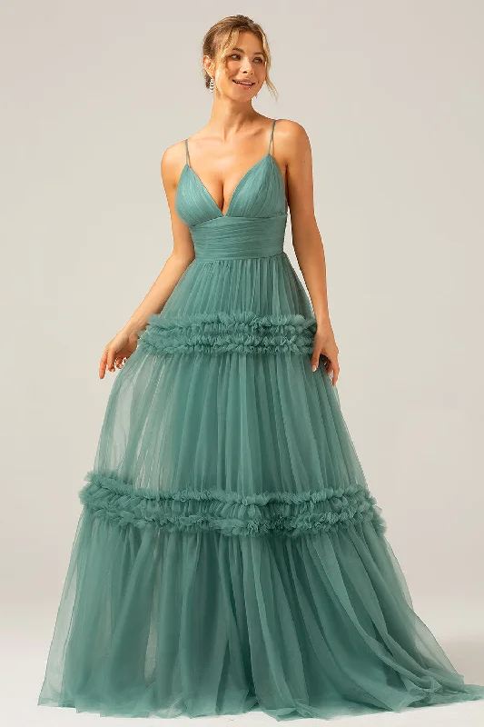 "Mother of the bride dresses for women in elegant styles"Green Tulle A Line Spaghetti Straps Long Bridesmaid Dress with Ruffles "Mother of the bride dresses for women in elegant styles"Green Tulle A Line Spaghetti Straps Long Bridesmaid Dress with Ruffles