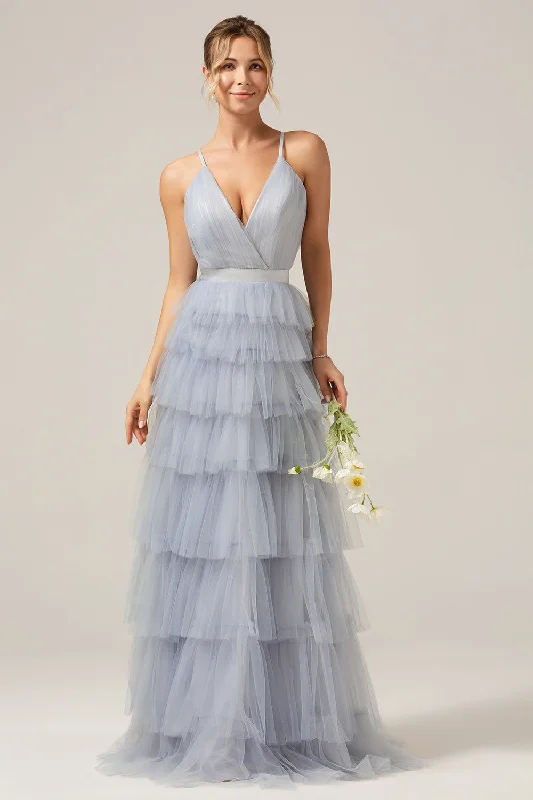 "Shirt dresses for women for a smart - casual style"Grey Blue A Line Tiered Tulle Prom Dress "Shirt dresses for women for a smart - casual style"Grey Blue A Line Tiered Tulle Prom Dress