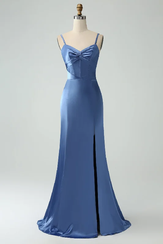 Clearance Sale: Women's Dresses Grey Blue Mermaid Spaghetti Straps Long Satin Bridesmaid Dress with Slit Clearance Sale: Women's Dresses Grey Blue Mermaid Spaghetti Straps Long Satin Bridesmaid Dress with Slit