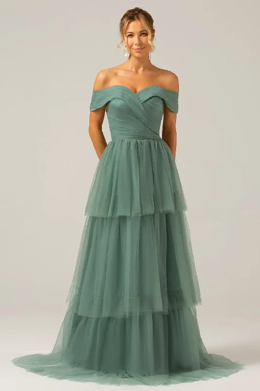"Mother of the groom dresses for women in sophisticated designs"Grey Green Tulle A Line Off the Shoulder Tiered Bridesmaid Dress "Mother of the groom dresses for women in sophisticated designs"Grey Green Tulle A Line Off the Shoulder Tiered Bridesmaid Dress