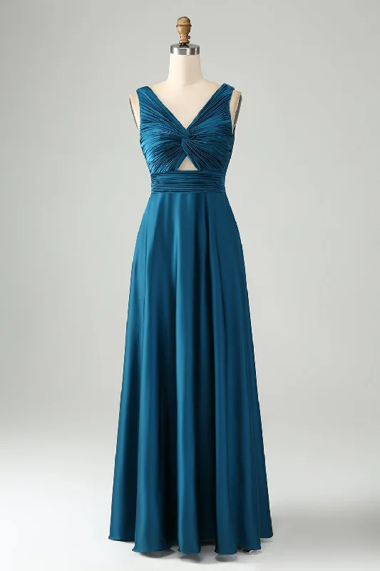 "Homecoming dresses for women to stand out"Ink Blue A Line V Neck Keyhole Long Bridesmaid Dress "Homecoming dresses for women to stand out"Ink Blue A Line V Neck Keyhole Long Bridesmaid Dress