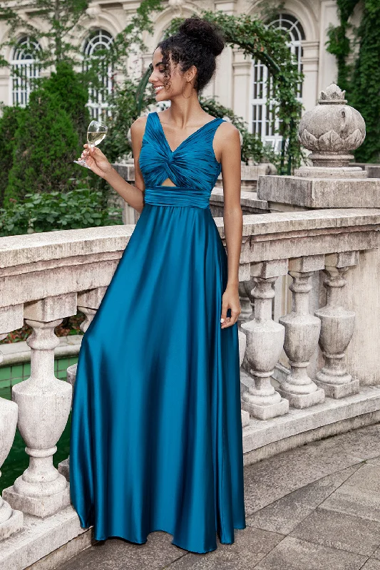 "Lace dresses for women for a romantic and elegant look"Ink Blue A Line V Neck Keyhole Pleated Long Bridesmaid Dress "Lace dresses for women for a romantic and elegant look"Ink Blue A Line V Neck Keyhole Pleated Long Bridesmaid Dress