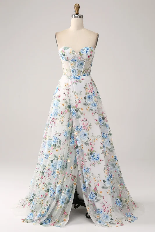 "Satin dresses for women for a luxurious appearance"Ivory Flower A-Line Strapless Long Corset Prom Dress "Satin dresses for women for a luxurious appearance"Ivory Flower A-Line Strapless Long Corset Prom Dress
