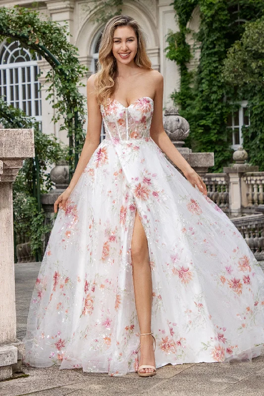 "Simple wedding dresses for women who prefer understated elegance"Ivory Flower A Line Sweetheart Embroidered Corset Long Prom Dress with Slit "Simple wedding dresses for women who prefer understated elegance"Ivory Flower A Line Sweetheart Embroidered Corset Long Prom Dress with Slit