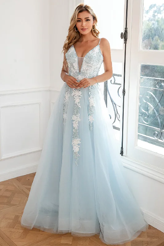 "Sequined dresses for women to shine at parties"Light Blue Appliques Tulle Prom Dress "Sequined dresses for women to shine at parties"Light Blue Appliques Tulle Prom Dress