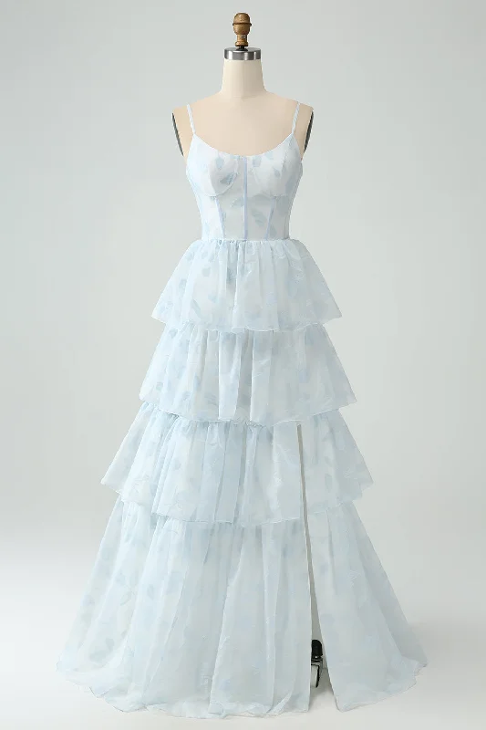"Petite women's dresses with flattering fits"Light Blue A Line Tiered Corset Ruffled Bridesmaid Dress With Slit "Petite women's dresses with flattering fits"Light Blue A Line Tiered Corset Ruffled Bridesmaid Dress With Slit