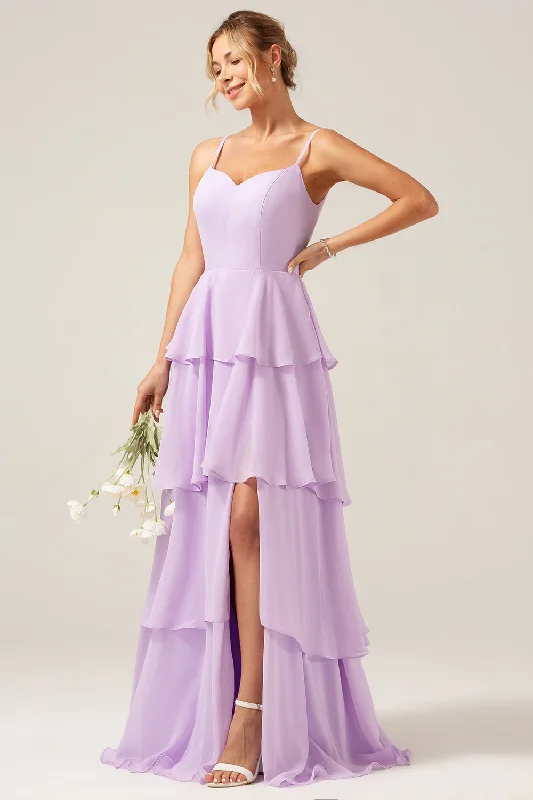 "Comfortable maternity dresses for pregnant women"Lilac A Line Spaghetti Straps Tiered Chiffon Bridesmaid Dress with Slit "Comfortable maternity dresses for pregnant women"Lilac A Line Spaghetti Straps Tiered Chiffon Bridesmaid Dress with Slit