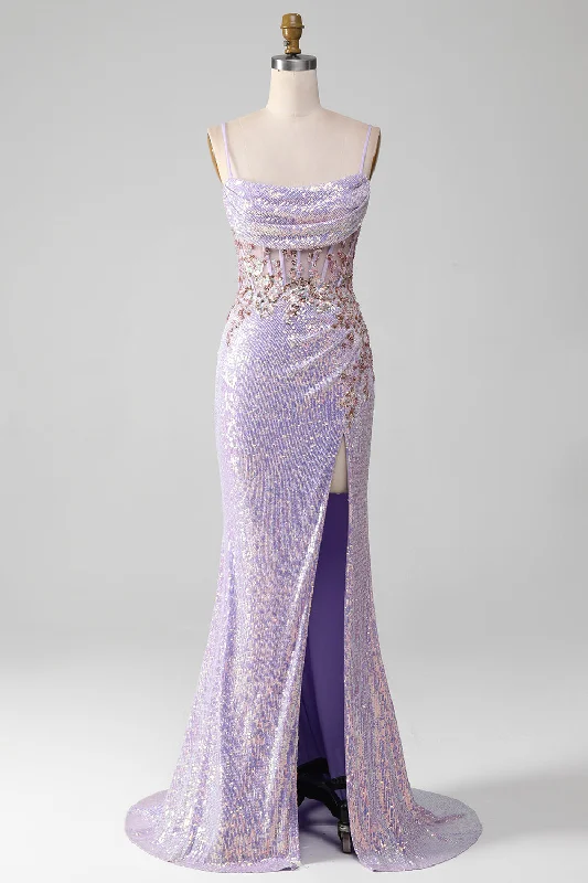 "Affordable plus size women's summer dresses"Lilac Sparkly Spaghetti Straps Mermaid Prom Dress with Slit "Affordable plus size women's summer dresses"Lilac Sparkly Spaghetti Straps Mermaid Prom Dress with Slit