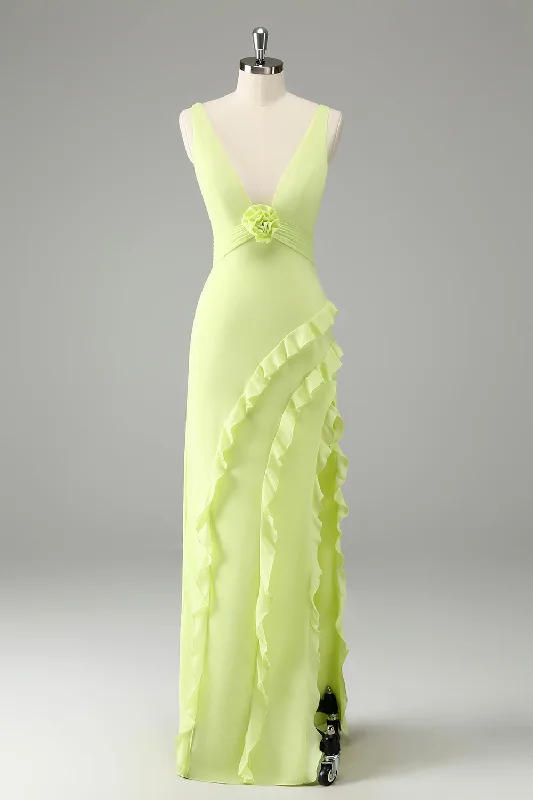"Affordable plus size women's summer dresses"Lemon Deep V Neck Ruffles Wedding Guest Dress with Slit "Affordable plus size women's summer dresses"Lemon Deep V Neck Ruffles Wedding Guest Dress with Slit