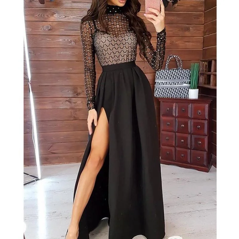 Maxi Dresses with Side Slits for Easy MovementFashionSierra - Long Sleeve Stamping Mock Neck Plaid Sheer Mesh Maxi Dress Maxi Dresses with Side Slits for Easy MovementFashionSierra - Long Sleeve Stamping Mock Neck Plaid Sheer Mesh Maxi Dress