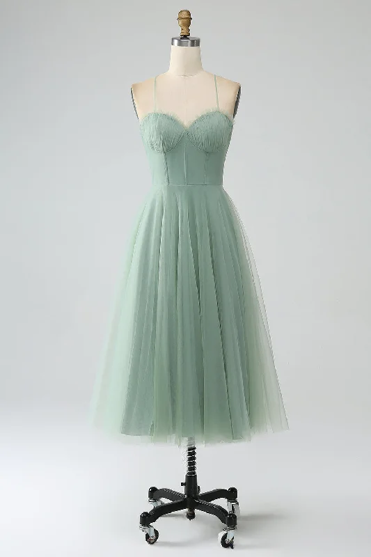 "T - shirt dresses for women for ultimate comfort"Matcha A-Line Spaghetti Straps Tea-Length Corset Tulle Bridesmaid Dress "T - shirt dresses for women for ultimate comfort"Matcha A-Line Spaghetti Straps Tea-Length Corset Tulle Bridesmaid Dress