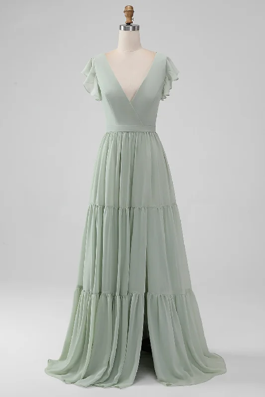 "Hurry! Limited Stock - Get Your Dream Dress with a Special Discount"Matcha V Neck A Line Chiffon Long Bridesmaid Dress with Slit