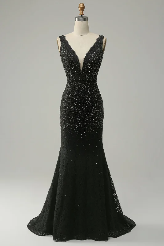 "T - shirt dresses for women for ultimate comfort"Mermaid Deep V Neck Black Lace Long Prom Dress with Beading "T - shirt dresses for women for ultimate comfort"Mermaid Deep V Neck Black Lace Long Prom Dress with Beading