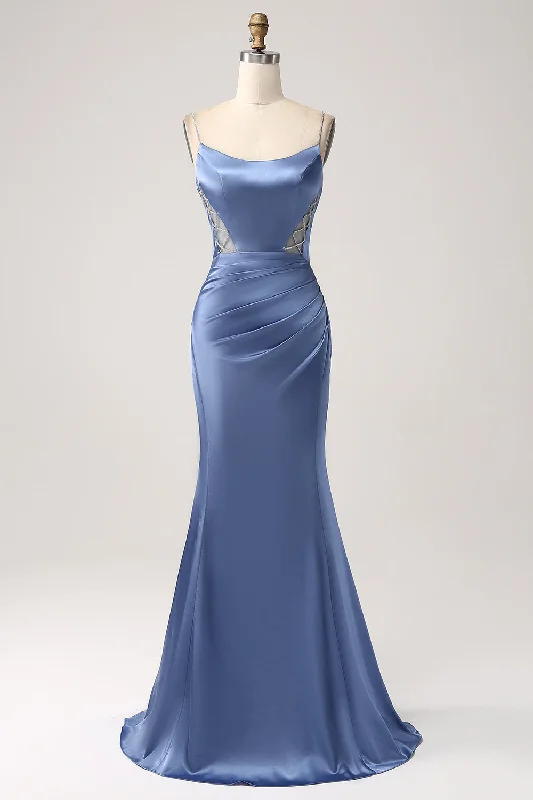 "Maxi dresses for women to wear in the fall"Mermaid Grey Blue Satin Spaghetti Straps Long Prom Dress "Maxi dresses for women to wear in the fall"Mermaid Grey Blue Satin Spaghetti Straps Long Prom Dress