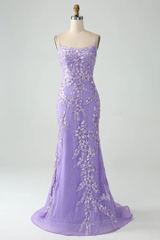 "Sequined dresses for women to shine at parties"Mermaid Lilac Spaghetti Straps Long Prom Dress with Appliques "Sequined dresses for women to shine at parties"Mermaid Lilac Spaghetti Straps Long Prom Dress with Appliques