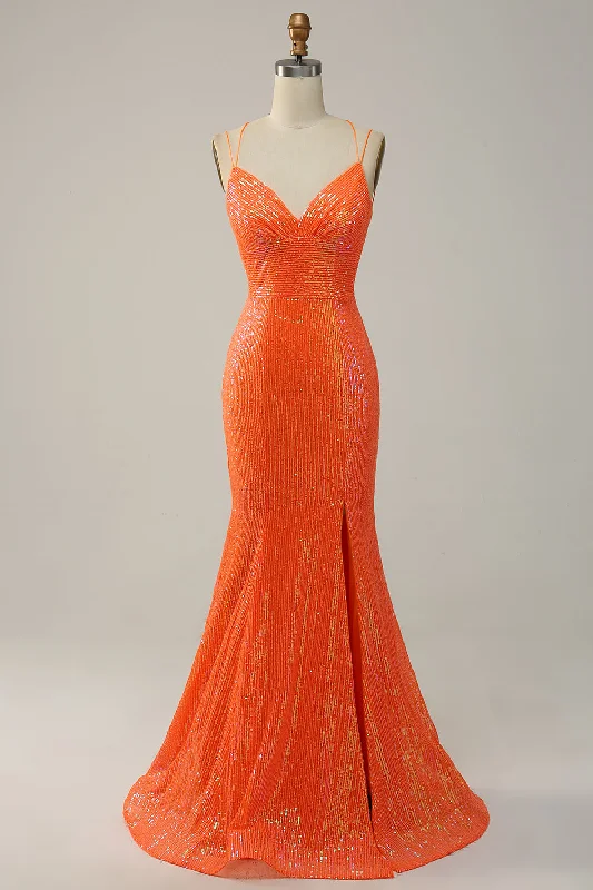 "Lace dresses for women for a romantic and elegant look"Mermaid Spaghetti Straps Orange Sequins Prom Dress with Split Front "Lace dresses for women for a romantic and elegant look"Mermaid Spaghetti Straps Orange Sequins Prom Dress with Split Front
