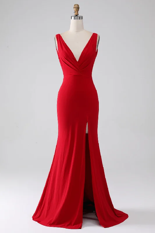 "Affordable plus size women's summer dresses"Mermaid V-Neck Red Prom Dress with Slit "Affordable plus size women's summer dresses"Mermaid V-Neck Red Prom Dress with Slit