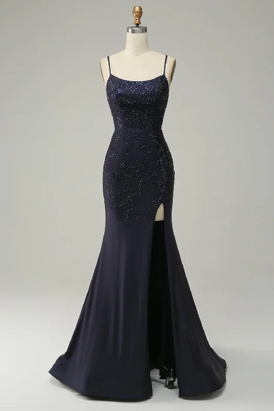 "White dresses for women for a fresh and clean look"Navy Spaghetti Straps Beaded Mermaid Prom Dress with Split "White dresses for women for a fresh and clean look"Navy Spaghetti Straps Beaded Mermaid Prom Dress with Split