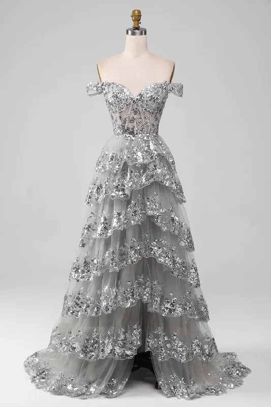 "Ruffled dresses for women for added femininity"Off the Shoulder Grey Silver Sparkly Tiered Prom Dress with Slit "Ruffled dresses for women for added femininity"Off the Shoulder Grey Silver Sparkly Tiered Prom Dress with Slit