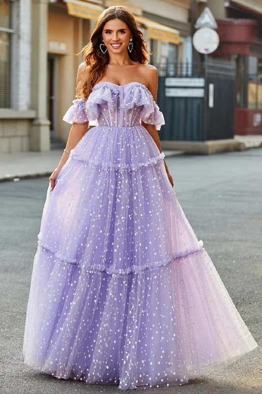 "Beaded dresses for women for a glamorous look"Off The Shoulder Lilac Corset A-Line Long Prom Dress "Beaded dresses for women for a glamorous look"Off The Shoulder Lilac Corset A-Line Long Prom Dress
