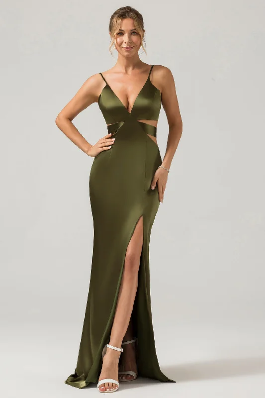 "Work - appropriate dresses for professional women"Olive Sheath Spaghetti Straps Cut Out Long Bridesmaid Dress with Slit "Work - appropriate dresses for professional women"Olive Sheath Spaghetti Straps Cut Out Long Bridesmaid Dress with Slit