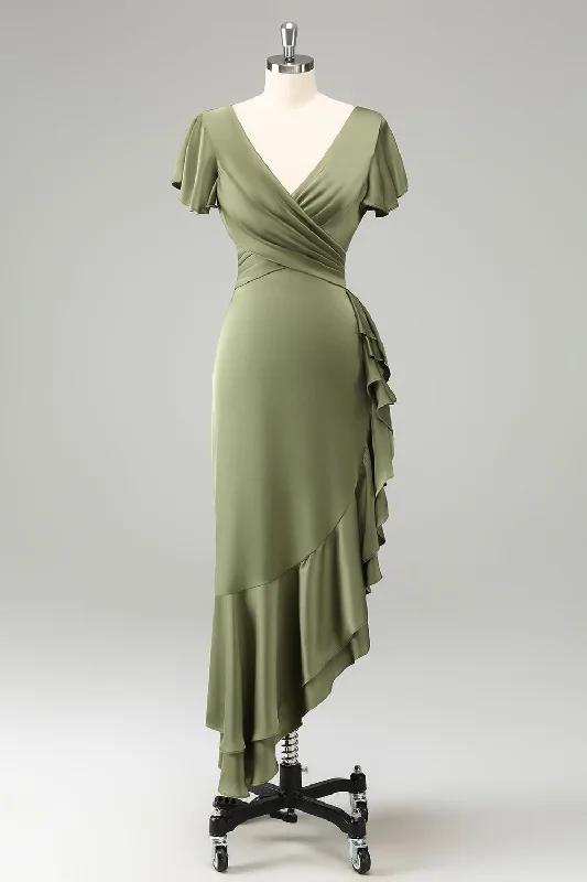 "Seasonal Sale: Save Big on Women's Dresses for Every Occasion"Olive V Neck Satin Sheath Wedding Guest Dress with Ruffles "Seasonal Sale: Save Big on Women's Dresses for Every Occasion"Olive V Neck Satin Sheath Wedding Guest Dress with Ruffles