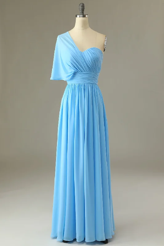 "Floral print dresses for women for a feminine look"One Shoulder Blue Bridesmaid Dress "Floral print dresses for women for a feminine look"One Shoulder Blue Bridesmaid Dress