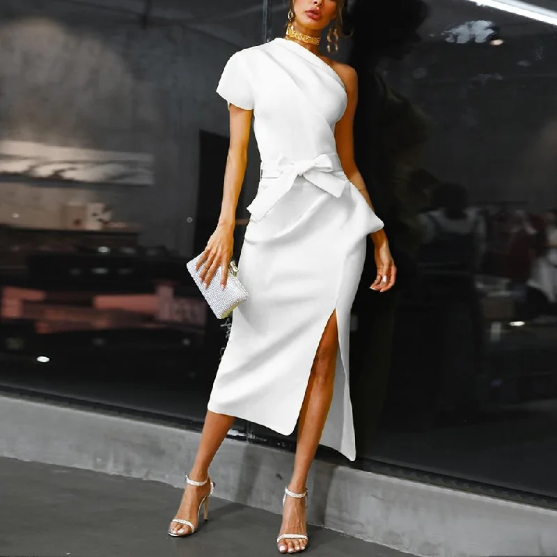 Maxi Dresses with Metal Accessories for a Trendy EdgeFashionSierra - One shoulder ruched irregular party dress