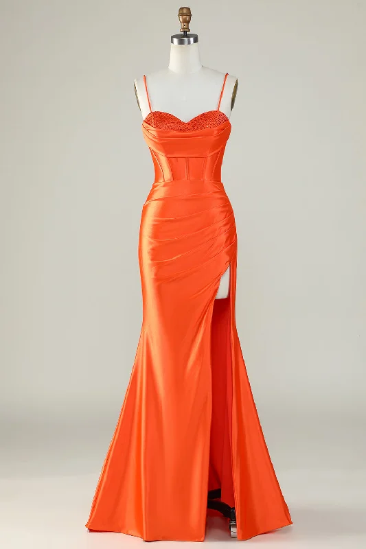 "Mermaid - style wedding dresses for women for a dramatic look"Orange Mermaid Spaghetti Straps Long Corset Prom Dress With Slit "Mermaid - style wedding dresses for women for a dramatic look"Orange Mermaid Spaghetti Straps Long Corset Prom Dress With Slit