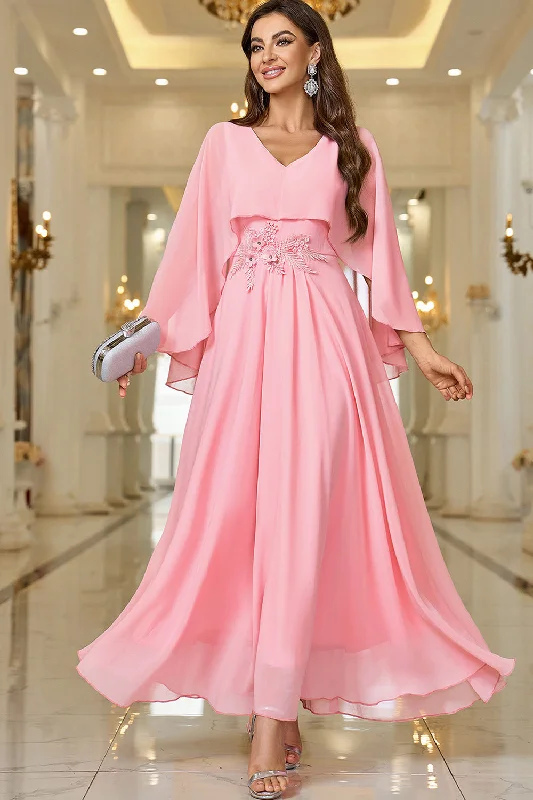 "Affordable plus size women's summer dresses"Elegant Pink A Line V Neck Shawl Sleeve Long Formal Dress "Affordable plus size women's summer dresses"Elegant Pink A Line V Neck Shawl Sleeve Long Formal Dress