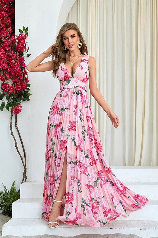 "Sequined dresses for women to shine at parties"Pink Flower Print Pleated A Line Long Prom Dress with Slit "Sequined dresses for women to shine at parties"Pink Flower Print Pleated A Line Long Prom Dress with Slit